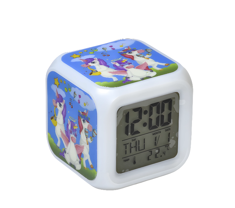 Reloj con alarma tipo cubo dino y unicornio